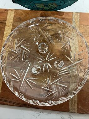 VINTAGE 3 footed Cut Crystal Serving Bowl - Clear Etched Design